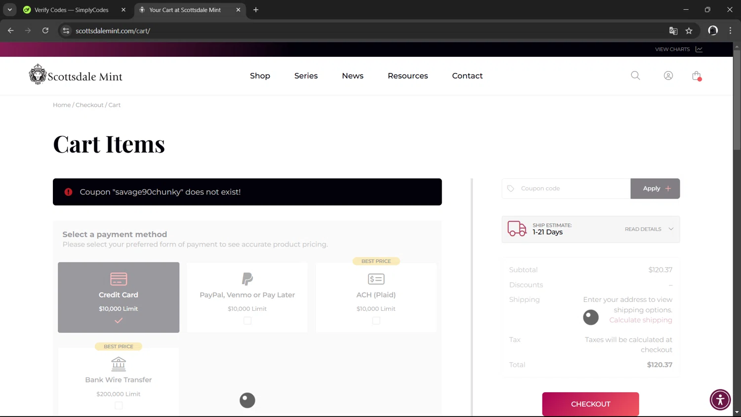 Scottsdale Mint coupon code screenshot showing code SAVAGE90CHUNKY applied at Scottsdale Mint checkout page. Uploaded by SimplyCodes community member ArthurMorgan on Jan 2, 2025