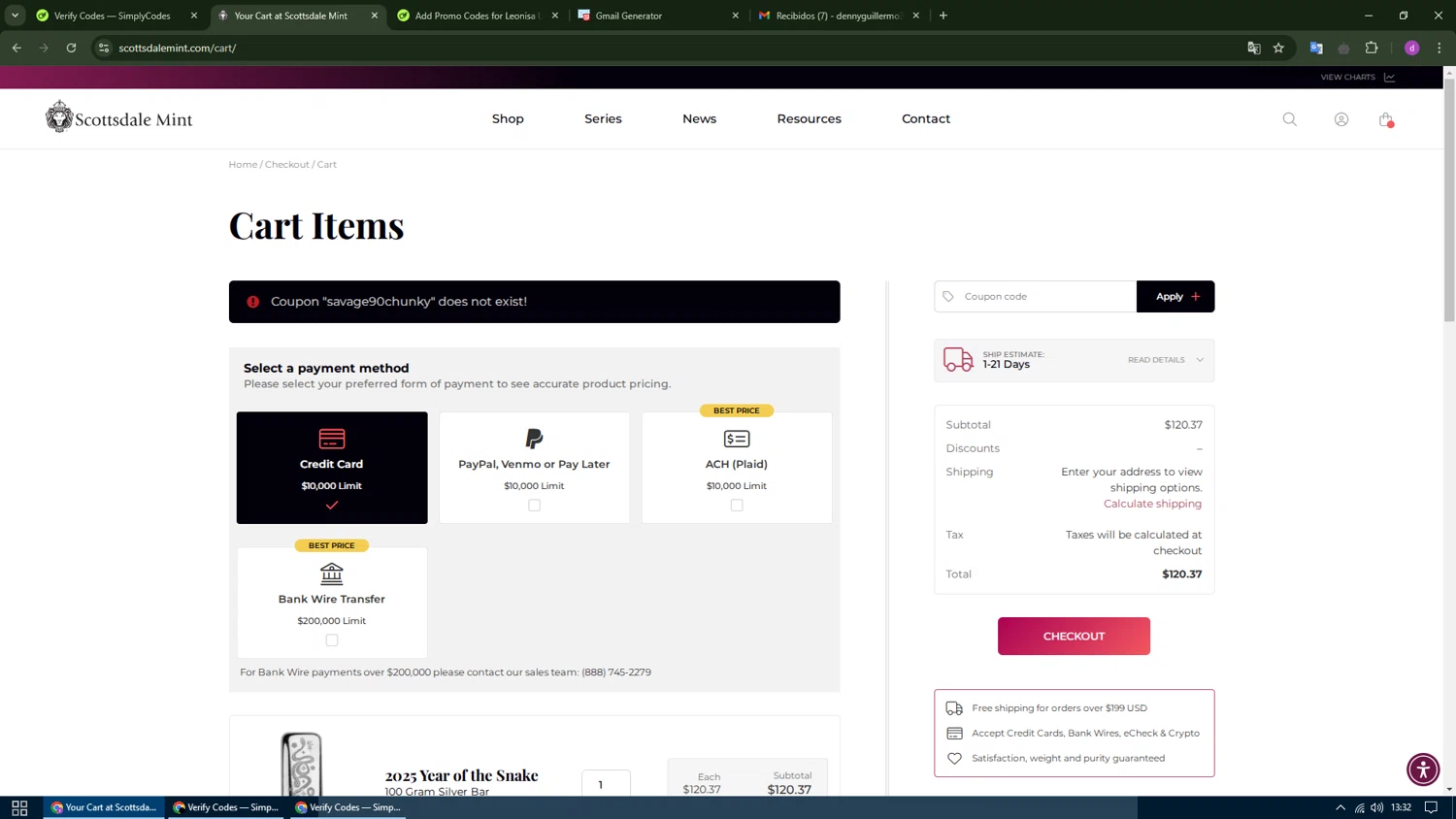 Scottsdale Mint coupon code screenshot showing code SAVAGE90CHUNKY applied at Scottsdale Mint checkout page. Uploaded by SimplyCodes community member SwiftFox1285 on Jan 2, 2025