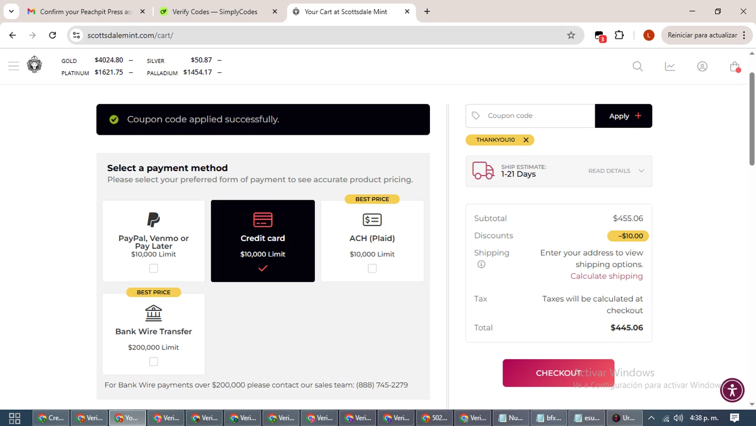Scottsdale Mint coupon code screenshot showing code THANKYOU10 applied at Scottsdale Mint checkout page. Uploaded by SimplyCodes community member BonusHero9692 on Oct 11, 2025
