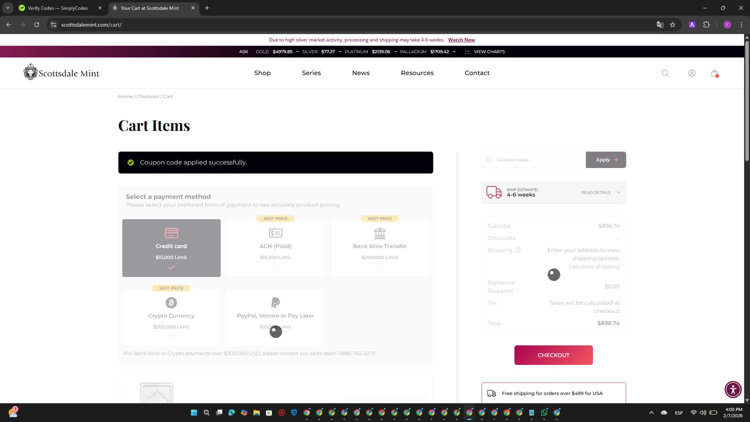 Scottsdale Mint checkout page showing Scottsdale Mint coupon code box | Screenshot taken by SimplyCodes community member on Feb 7, 2026