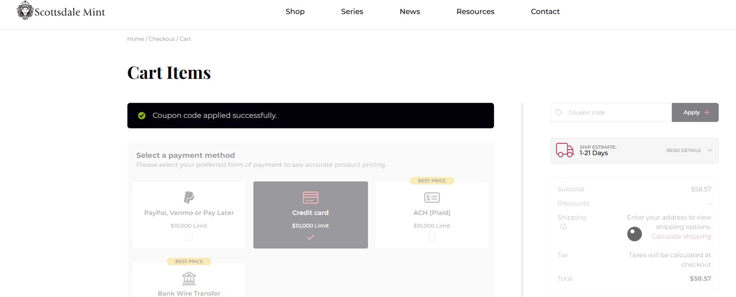 Scottsdale Mint coupon code screenshot showing code THANKYOU10 applied at Scottsdale Mint checkout page. Uploaded by SimplyCodes community member GoldPilot8897 on Oct 11, 2025