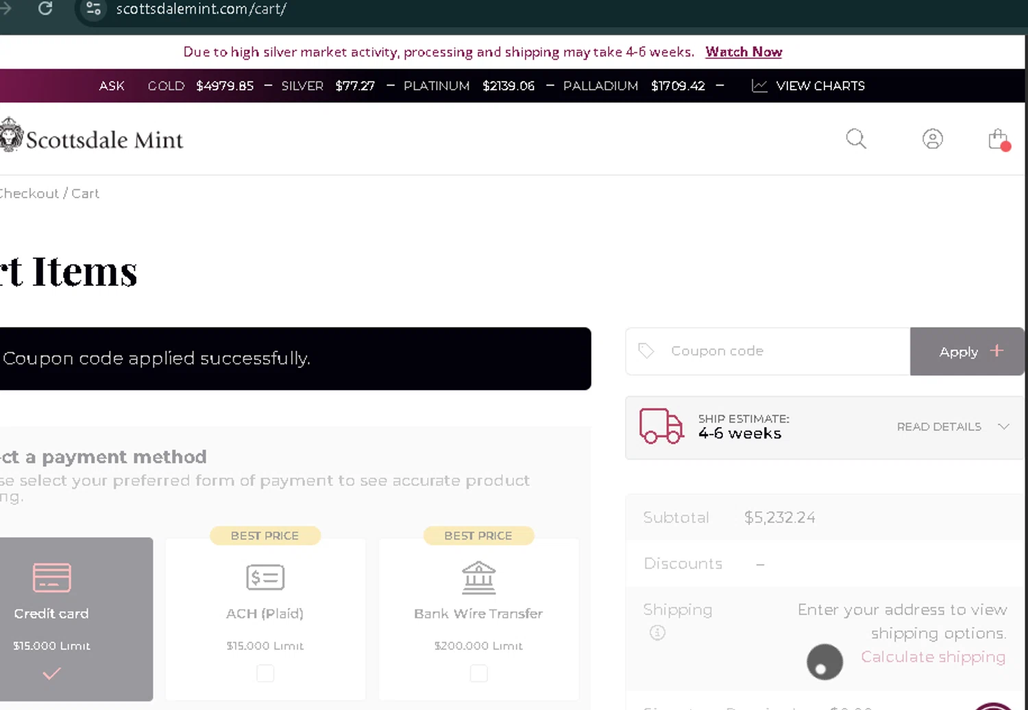 Scottsdale Mint checkout page showing Scottsdale Mint coupon code box | Screenshot taken by SimplyCodes community member on Feb 7, 2026
