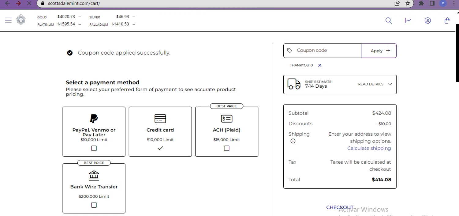 Scottsdale Mint coupon code screenshot showing code THANKYOU10 applied at Scottsdale Mint checkout page. Uploaded by SimplyCodes community member beatrizcastillo on Oct 27, 2025