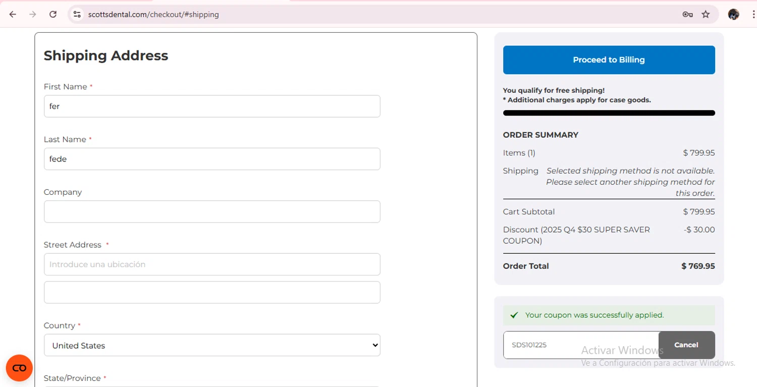 Scott's Dental Supply promo code screenshot showing code SDS101225 applied at Scott's Dental Supply checkout page. Uploaded by SimplyCodes community member MagnificentAdmiral9096 on Dec 14, 2025