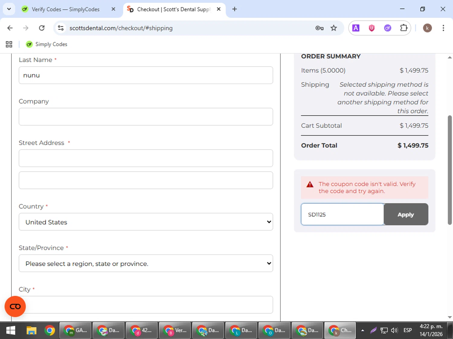 Scott's Dental Supply promo code screenshot showing code SD1125 applied at Scott's Dental Supply checkout page. Uploaded by SimplyCodes community member RewardRanger298 on Jan 14, 2026