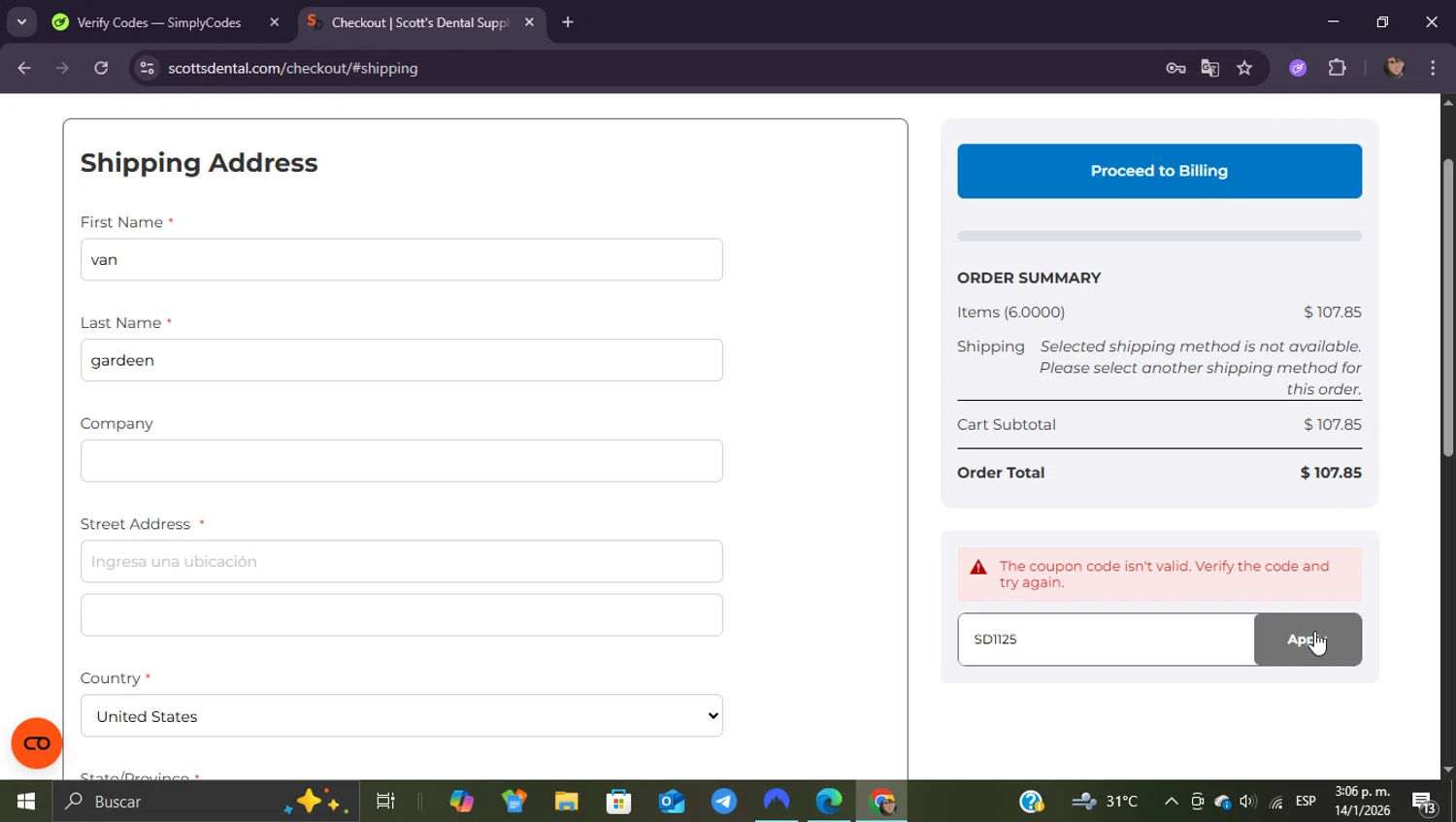 Scott's Dental Supply promo code screenshot showing code SD1125 applied at Scott's Dental Supply checkout page. Uploaded by SimplyCodes community member ShieldEagle9436 on Jan 14, 2026