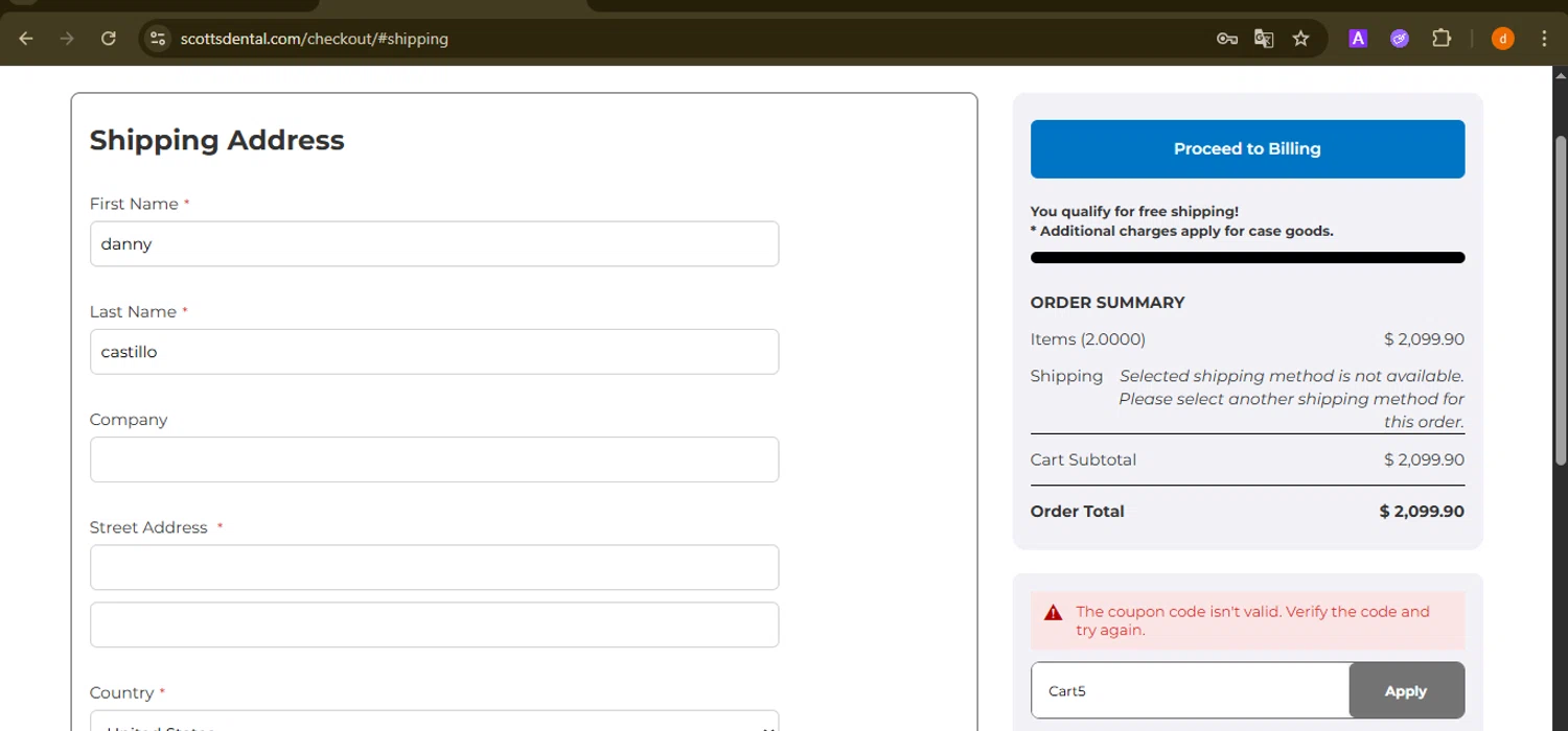 Scott's Dental Supply promo code screenshot showing code Cart5 applied at Scott's Dental Supply checkout page. Uploaded by SimplyCodes community member PennyAdmiral6960 on Dec 31, 2025