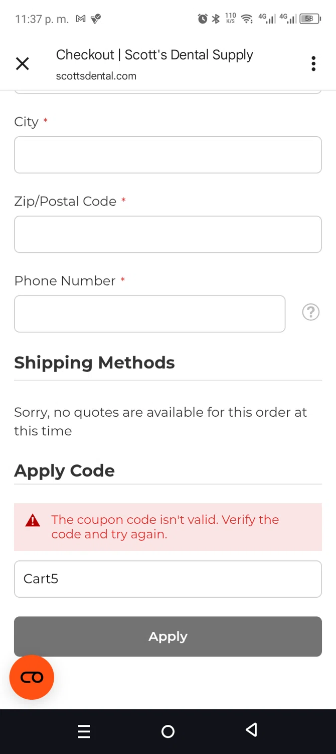 Scott's Dental Supply promo code screenshot showing code Cart5 applied at Scott's Dental Supply checkout page. Uploaded by SimplyCodes community member leiraM on Dec 31, 2025