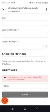 Scott's Dental Supply coupon verification screenshot