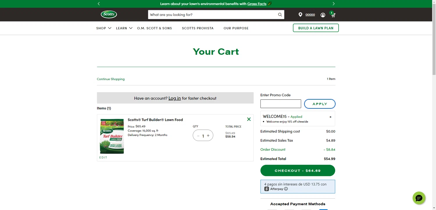 Scotts Lawn Care promo code screenshot showing code WELCOME15 applied at Scotts Lawn Care checkout page. Uploaded by SimplyCodes community member PromoAdmiral6652 on Jun 27, 2025