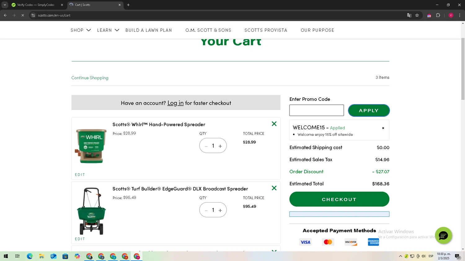 Scotts Lawn Care promo code screenshot showing code WELCOME15 applied at Scotts Lawn Care checkout page. Uploaded by SimplyCodes community member TreasureTitan9744 on Mar 3, 2025
