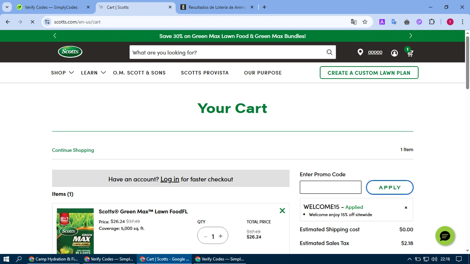 Scotts Lawn Care promo code screenshot showing code WELCOME15 applied at Scotts Lawn Care checkout page. Uploaded by SimplyCodes community member fausguillermo on May 23, 2025