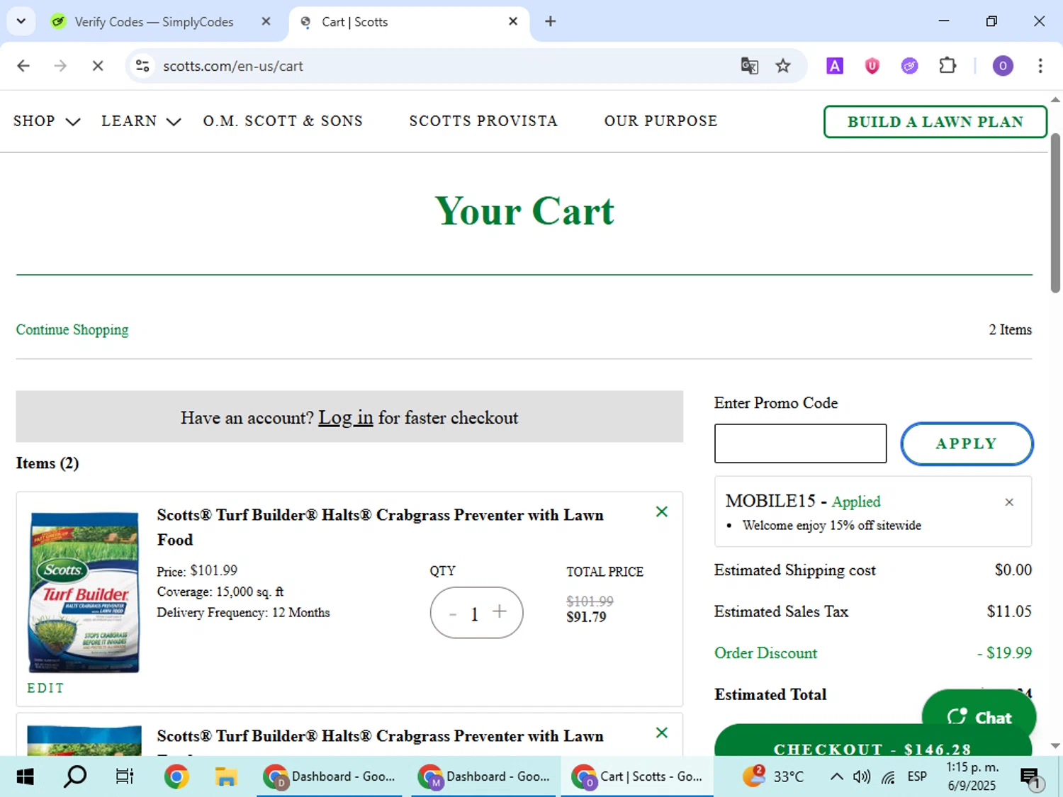 Scotts Lawn Care promo code screenshot showing code MOBILE15 applied at Scotts Lawn Care checkout page. Uploaded by SimplyCodes community member BudgetHawk9503 on Sep 6, 2025