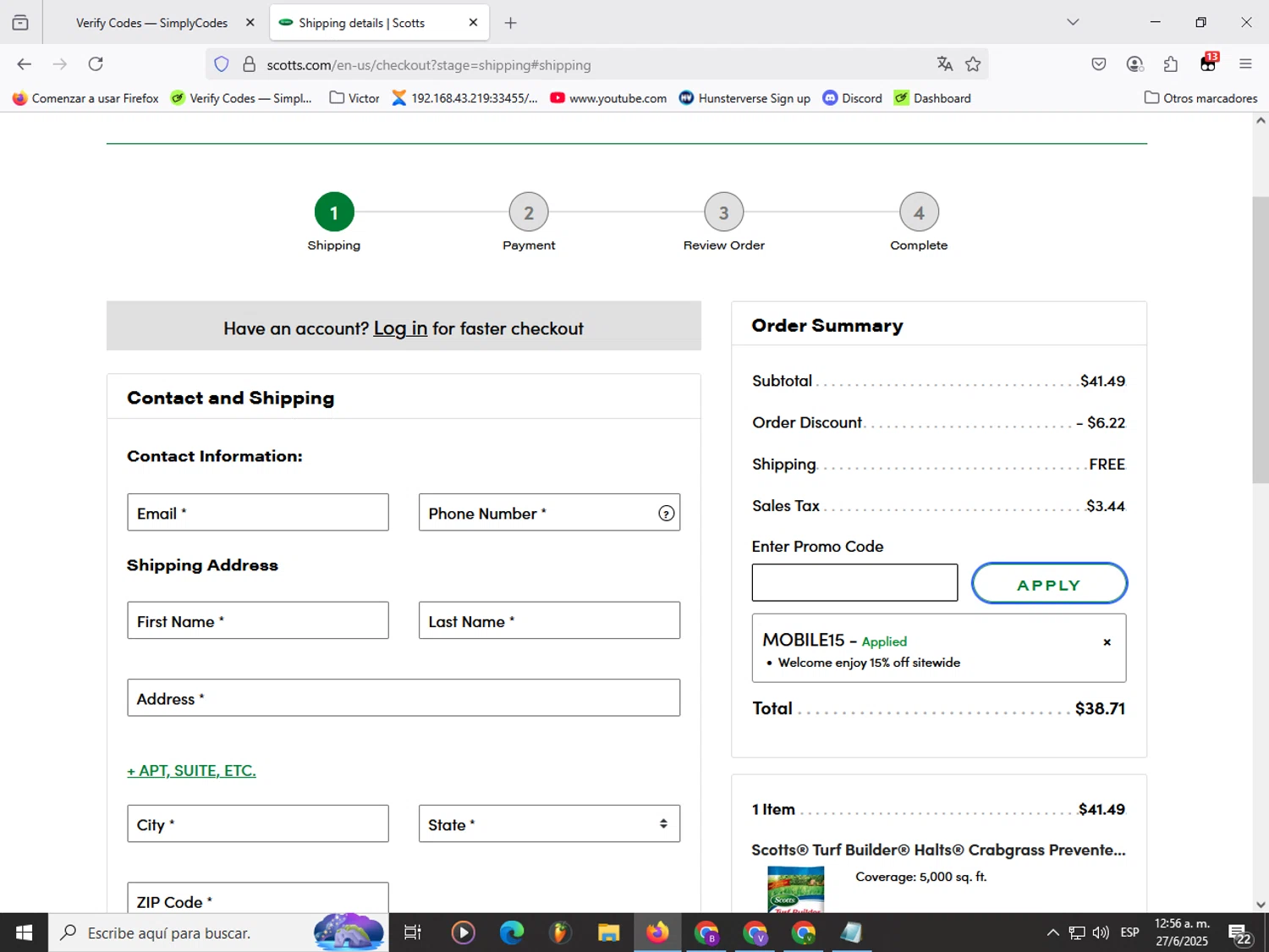 Scotts Lawn Care promo code screenshot showing code MOBILE15 applied at Scotts Lawn Care checkout page. Uploaded by SimplyCodes community member Garou_Y2K on Jun 27, 2025