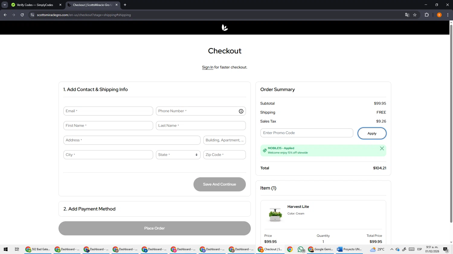 Scotts Lawn Care checkout page showing Scotts Lawn Care promo code box | Screenshot taken by SimplyCodes community member on Feb 1, 2026