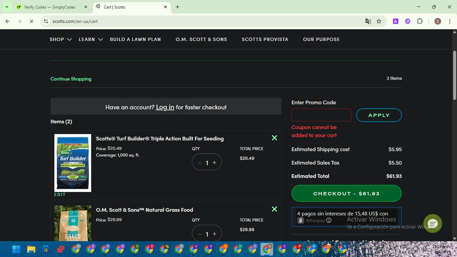 Scotts Lawn Care promo code screenshot showing code Scotts10 applied at Scotts Lawn Care checkout page. Uploaded by SimplyCodes community member NobleWarden6764 on May 9, 2025