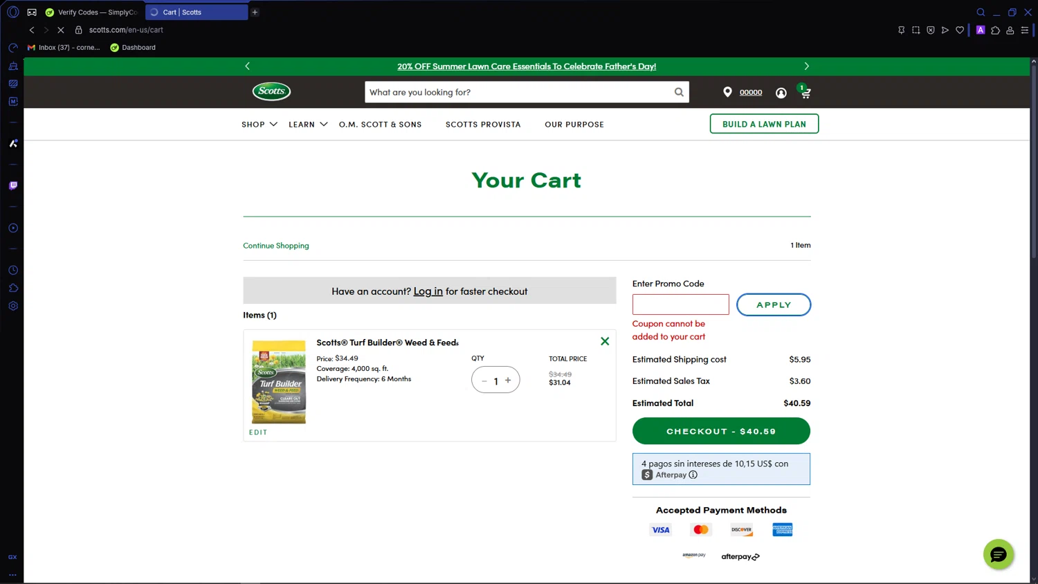 Scotts Lawn Care promo code screenshot showing code Scotts25 applied at Scotts Lawn Care checkout page. Uploaded by SimplyCodes community member VictoriousCaptain3902 on Jun 13, 2025