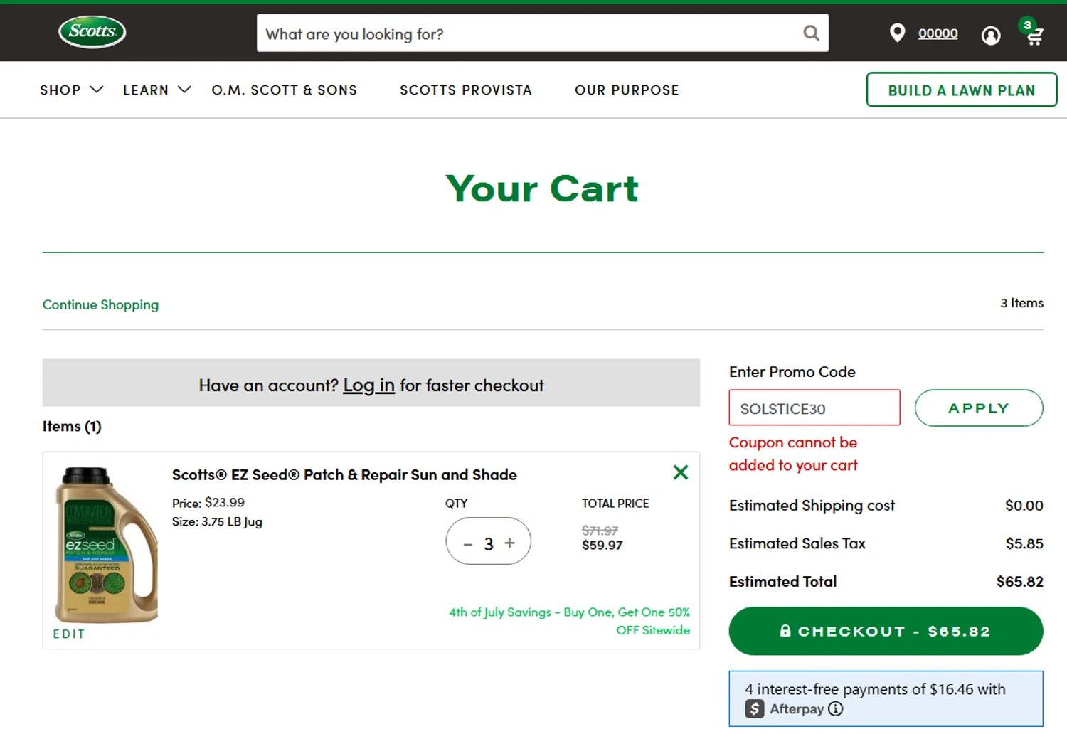 Scotts Lawn Care promo code screenshot showing code SOLSTICE30 applied at Scotts Lawn Care checkout page. Uploaded by SimplyCodes community member NinjaShoyo on Jun 26, 2025