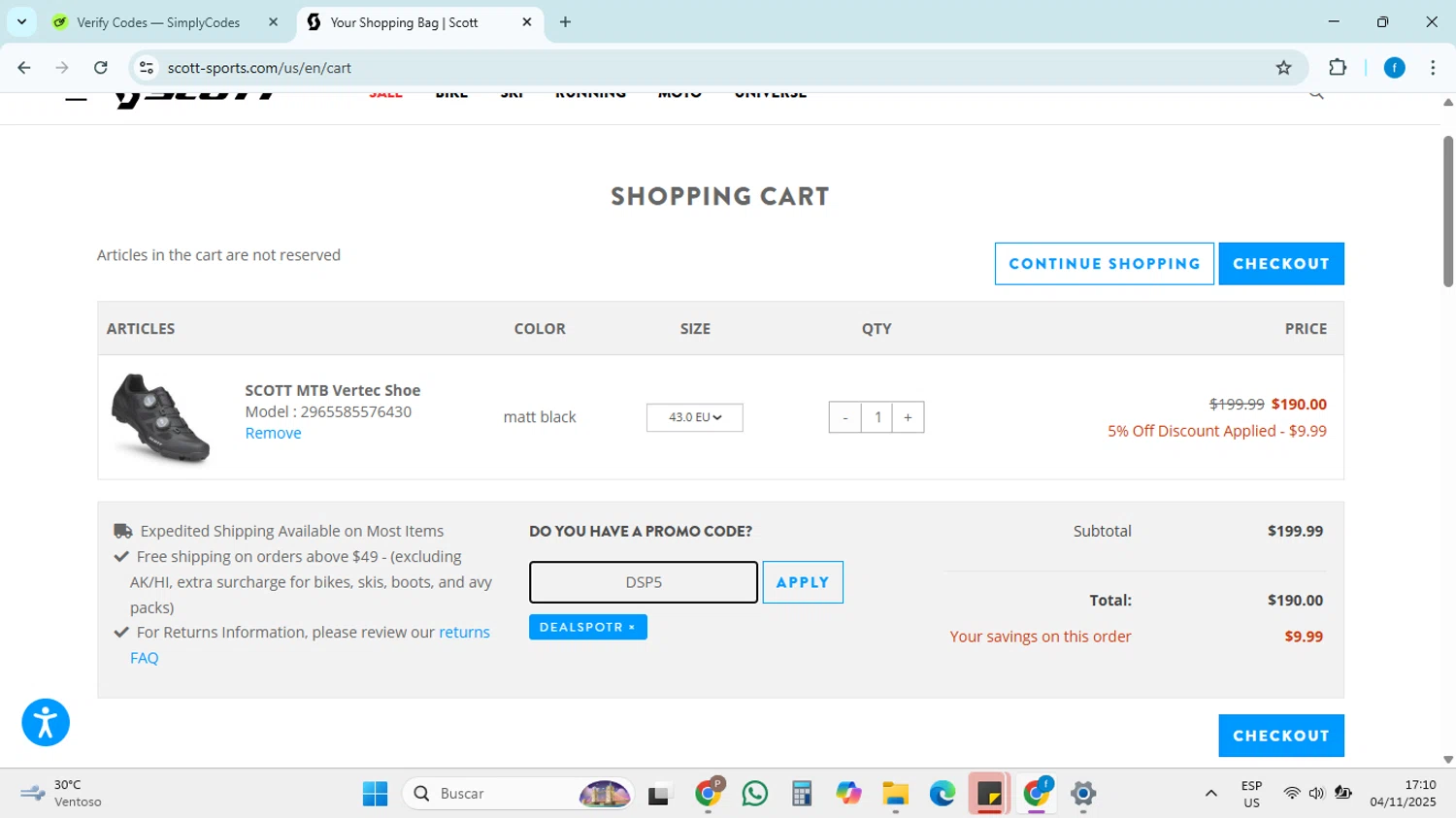 Scott Sports US promo code screenshot showing code DSP5 applied at Scott Sports US checkout page. Uploaded by SimplyCodes community member FRANCYCASERES12 on Nov 4, 2025