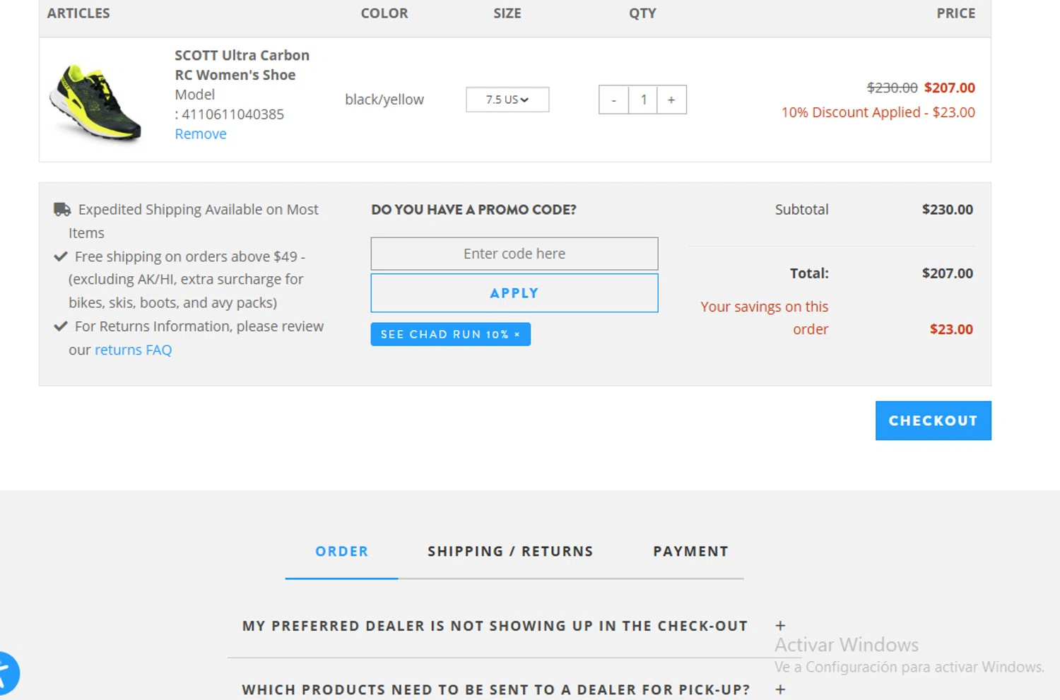 Scott Sports US promo code screenshot showing code CHADRUNS10 applied at Scott Sports US checkout page. Uploaded by SimplyCodes community member BudgetGuardian5712 on Nov 15, 2025