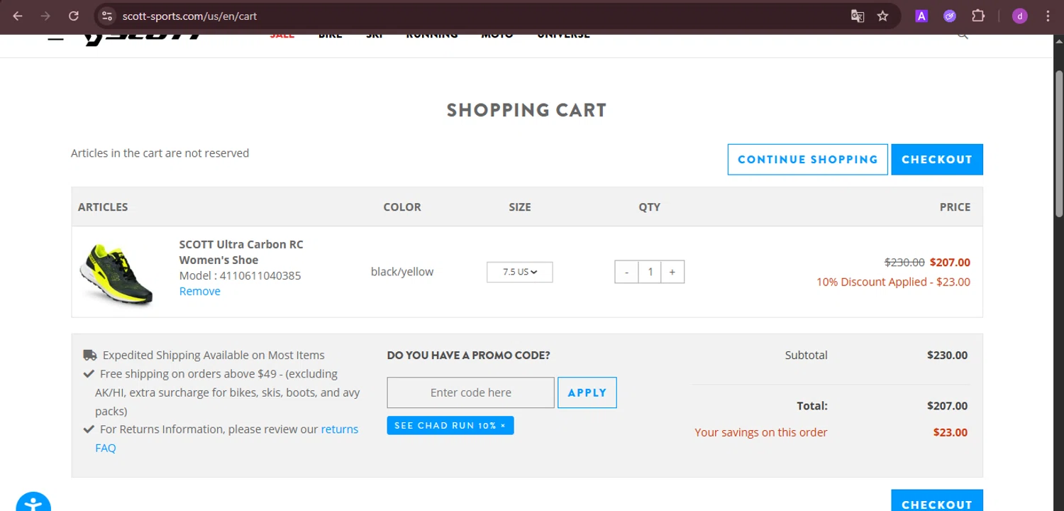 Scott Sports US promo code screenshot showing code CHADRUNS10 applied at Scott Sports US checkout page. Uploaded by SimplyCodes community member PennyTiger4891 on Nov 4, 2025