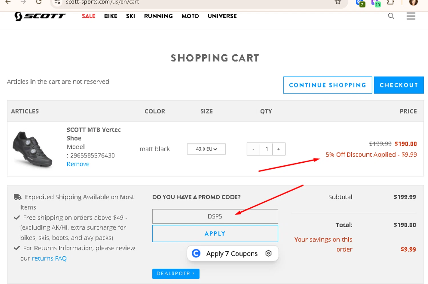Scott Sports US promo code screenshot showing code DSP5 applied at Scott Sports US checkout page. Uploaded by SimplyCodes community member AMANDA2681 on Nov 4, 2025