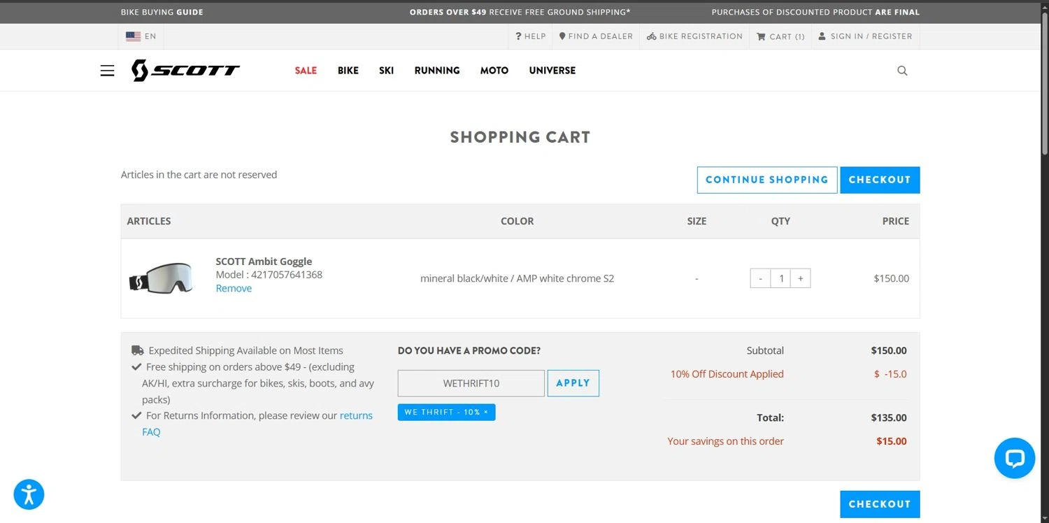 Scott Sports US promo code screenshot showing code WETHRIFT10 applied at Scott Sports US checkout page. Uploaded by SimplyCodes community member Depressive on Nov 5, 2025