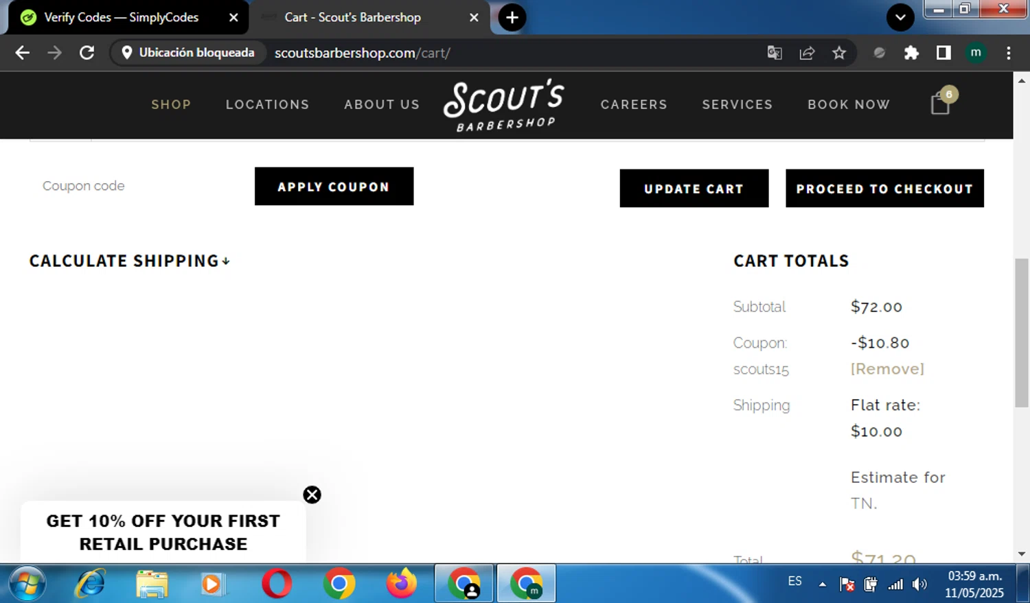 Scout's Barbershop promo code screenshot showing code scouts15 applied at Scout's Barbershop checkout page. Uploaded by SimplyCodes community member miguel01 on May 11, 2025