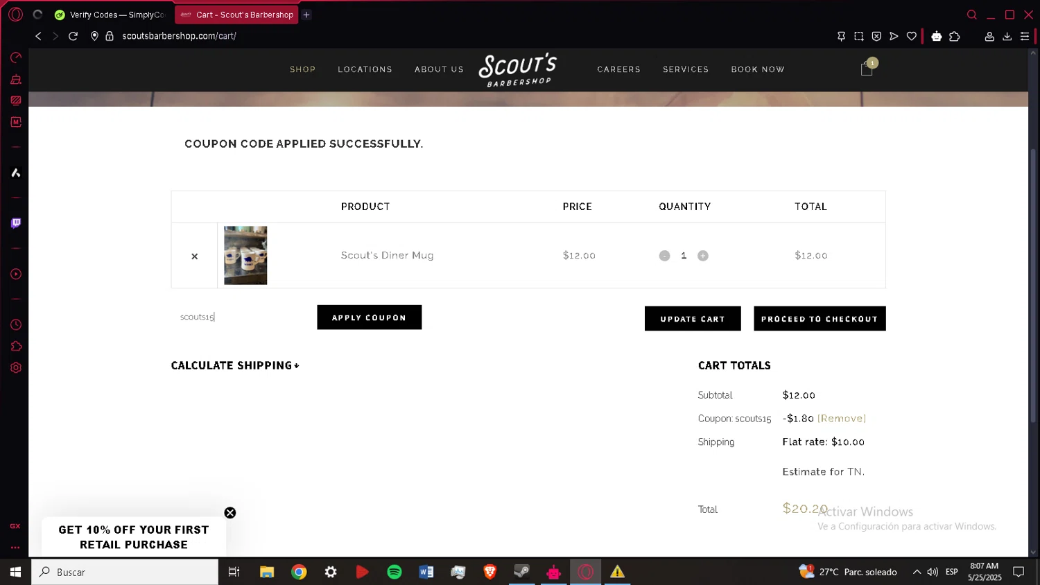 Scout's Barbershop promo code screenshot showing code scouts15 applied at Scout's Barbershop checkout page. Uploaded by SimplyCodes community member ACIDOSULFURICO on May 25, 2025