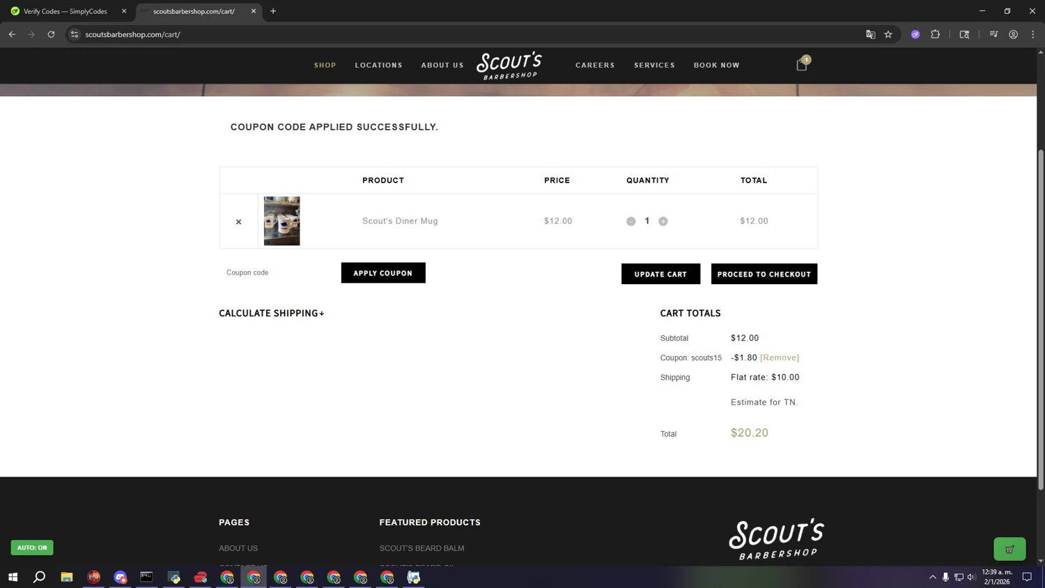 Scout's Barbershop promo code screenshot showing code scouts15 applied at Scout's Barbershop checkout page. Uploaded by SimplyCodes community member aaaaaaaaaaaaaaaa on Jan 2, 2026