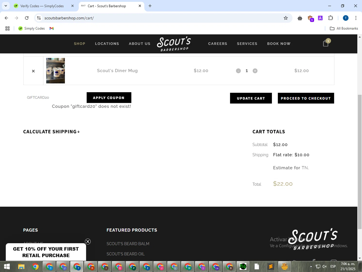 Scout's Barbershop promo code screenshot showing code GIFTCARD20 applied at Scout's Barbershop checkout page. Uploaded by SimplyCodes community member NobleAce3835 on Jan 21, 2025