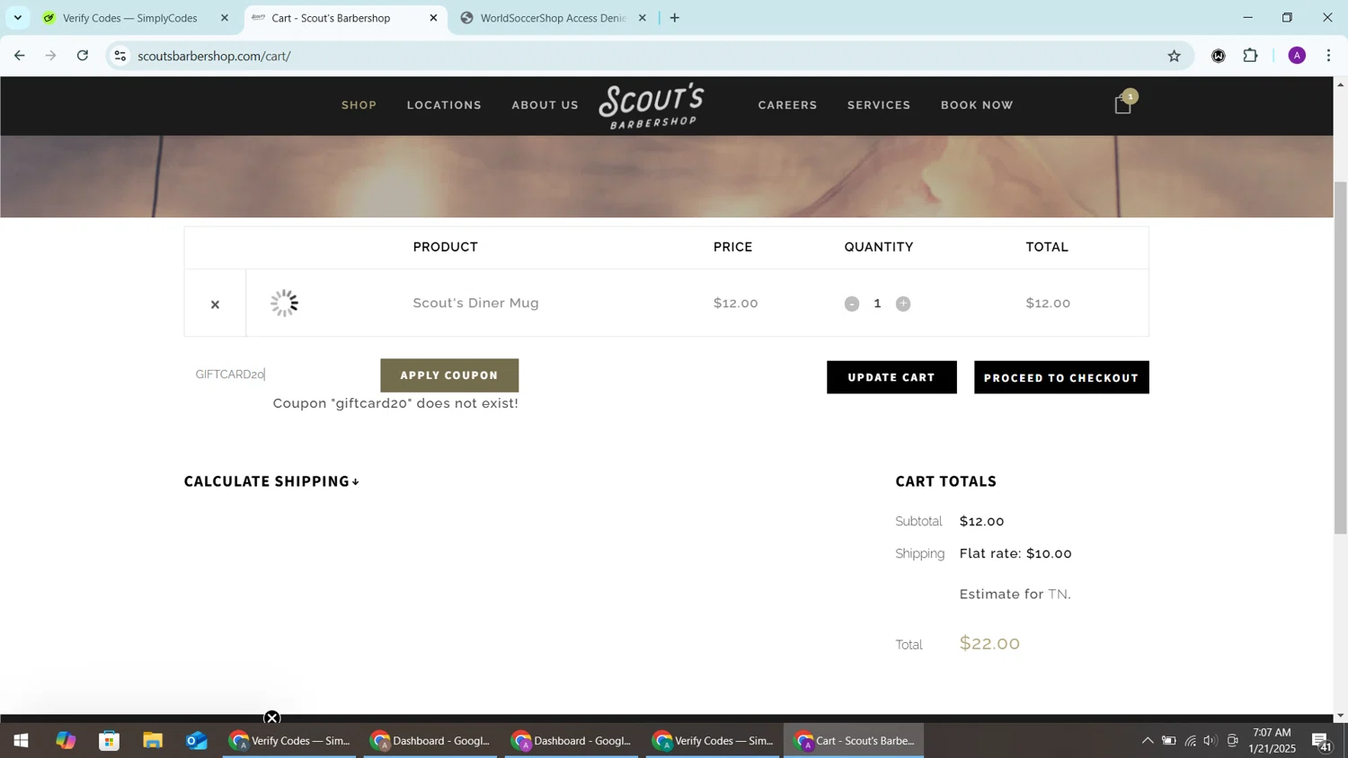Scout's Barbershop promo code screenshot showing code GIFTCARD20 applied at Scout's Barbershop checkout page. Uploaded by SimplyCodes community member CashChaser7272 on Jan 21, 2025