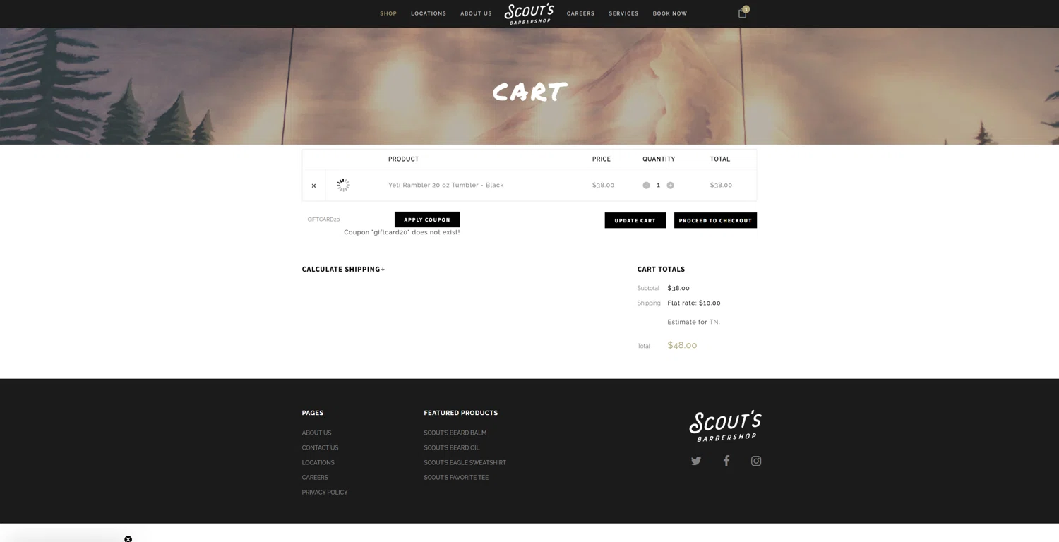 Scout's Barbershop promo code screenshot showing code GIFTCARD20 applied at Scout's Barbershop checkout page. Uploaded by SimplyCodes community member echidanarara on Jan 21, 2025