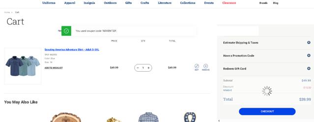 Scout Shop checkout page showing Scout Shop promo code box | Screenshot taken by SimplyCodes community member on Sep 4, 2025