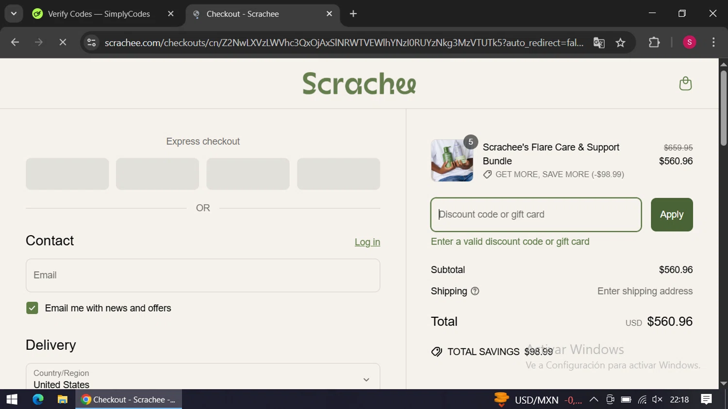 Scrachee promo code screenshot showing code CODE20 applied at Scrachee checkout page. Uploaded by SimplyCodes community member swiftie on Apr 26, 2025