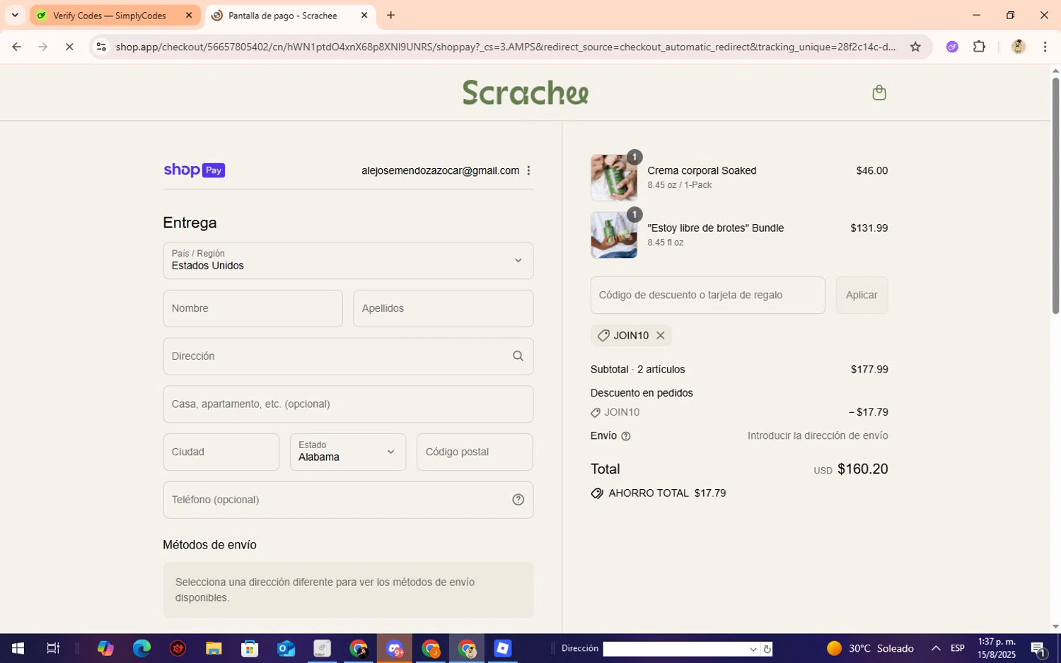Scrachee promo code screenshot showing code JOIN10 applied at Scrachee checkout page. Uploaded by SimplyCodes community member Lilithh on Aug 15, 2025