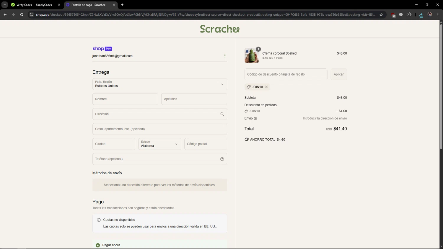 Scrachee promo code screenshot showing code JOIN10 applied at Scrachee checkout page. Uploaded by SimplyCodes community member s3v3nmk on May 24, 2025