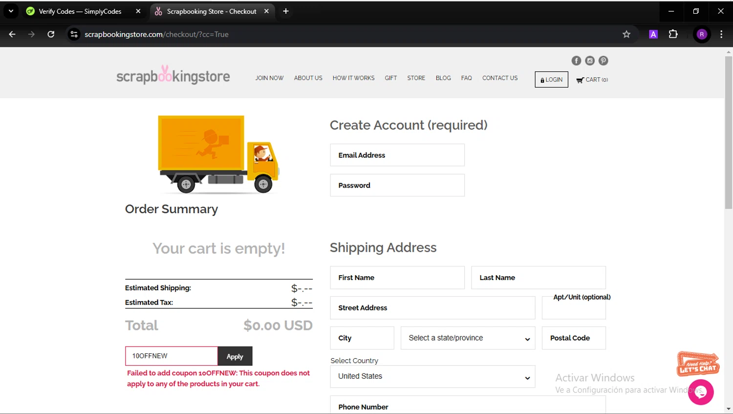 Scrapbooking Store promo code screenshot showing code 10OFFNEW applied at Scrapbooking Store checkout page. Uploaded by SimplyCodes community member GabrielCichero on Jan 18, 2025