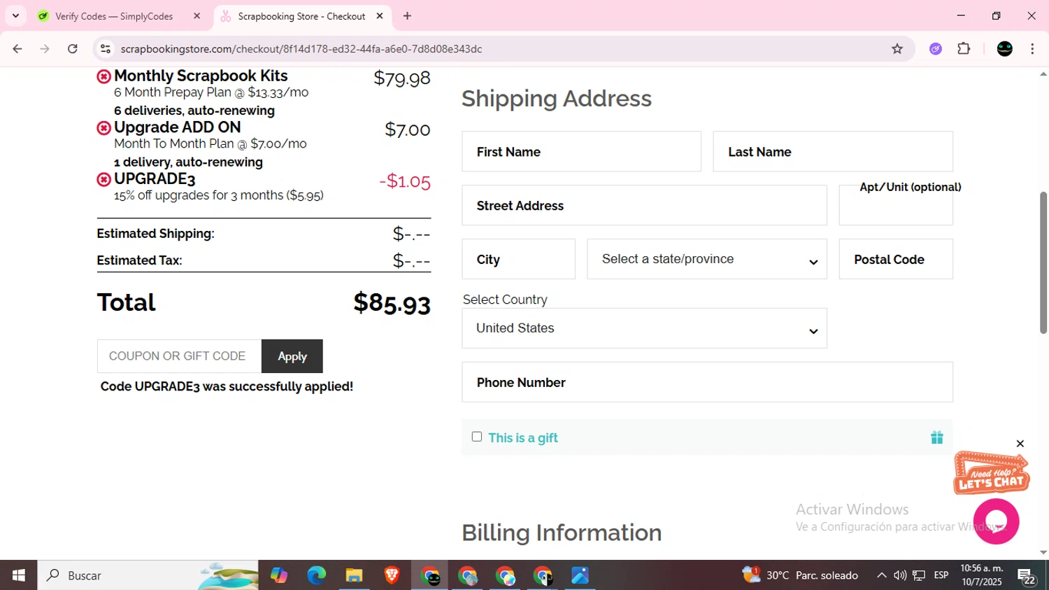 Scrapbooking Store promo code screenshot showing code UPGRADE3 applied at Scrapbooking Store checkout page. Uploaded by SimplyCodes community member BargainWizard5755 on Jul 10, 2025
