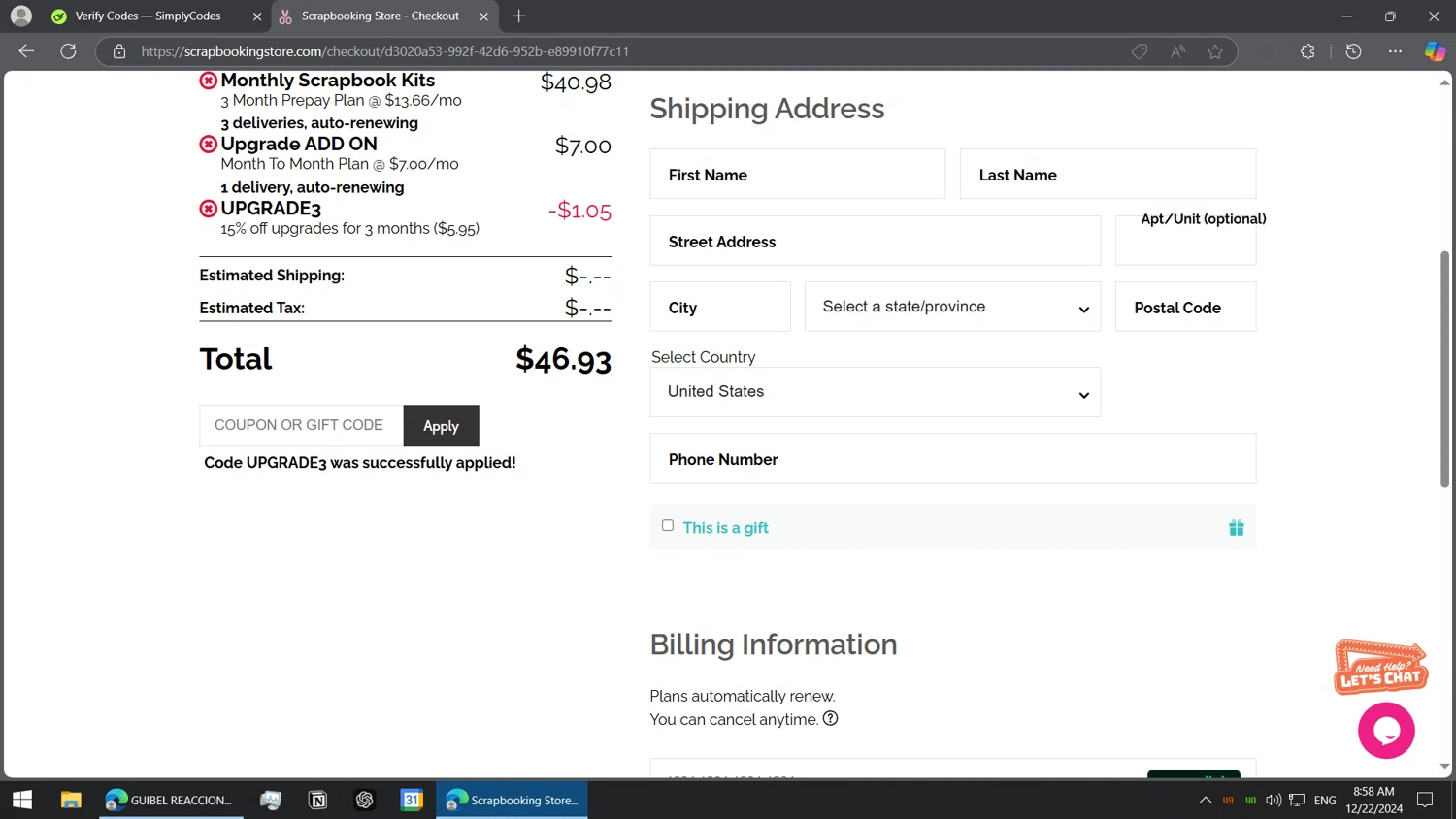 Scrapbooking Store checkout page showing Scrapbooking Store promo code box | Screenshot taken by SimplyCodes community member on Dec 22, 2024
