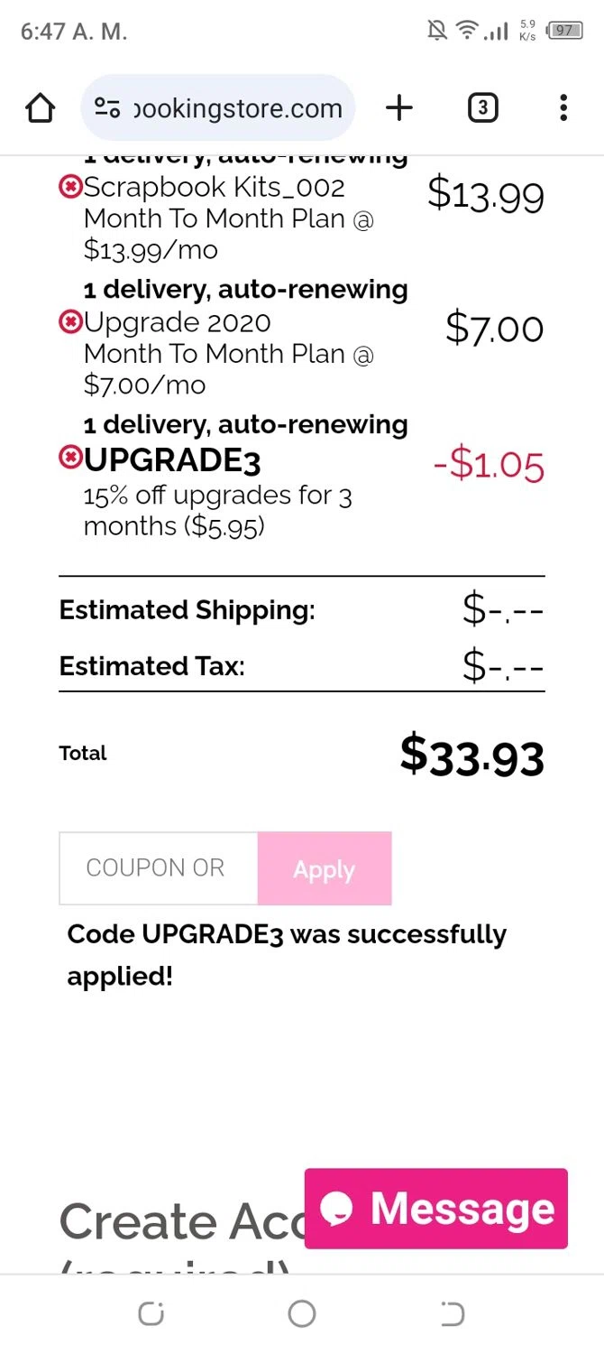 Scrapbooking Store checkout page showing Scrapbooking Store promo code box | Screenshot taken by SimplyCodes community member on Nov 18, 2023