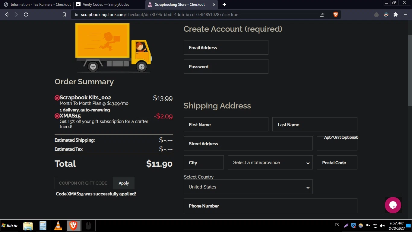 Scrapbooking Store checkout page showing Scrapbooking Store promo code box | Screenshot taken by SimplyCodes community member on Aug 10, 2023