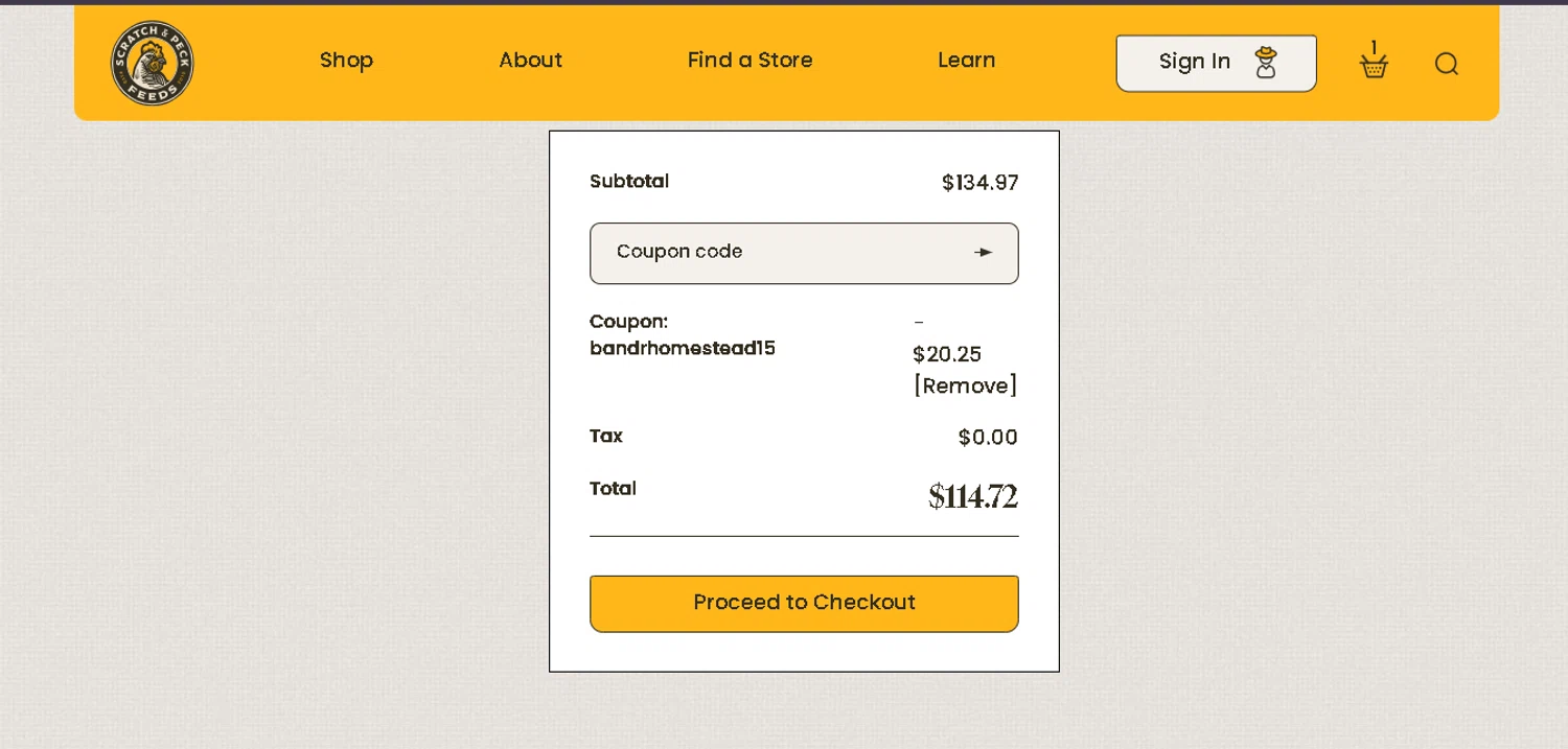Scratch and Peck Feeds checkout page showing Scratch and Peck Feeds promo code box | Screenshot taken by SimplyCodes community member on Jan 8, 2026