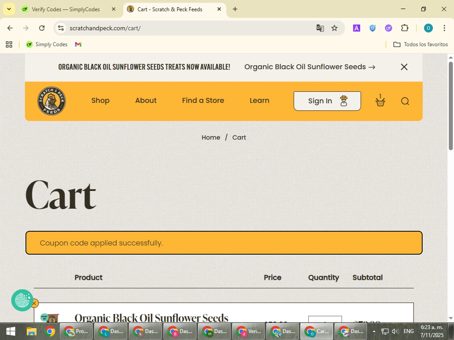 Scratch and Peck Feeds promo code screenshot showing code SVHOMEGROWN15 applied at Scratch and Peck Feeds checkout page. Uploaded by SimplyCodes community member BudgetSeeker9524 on Nov 7, 2025