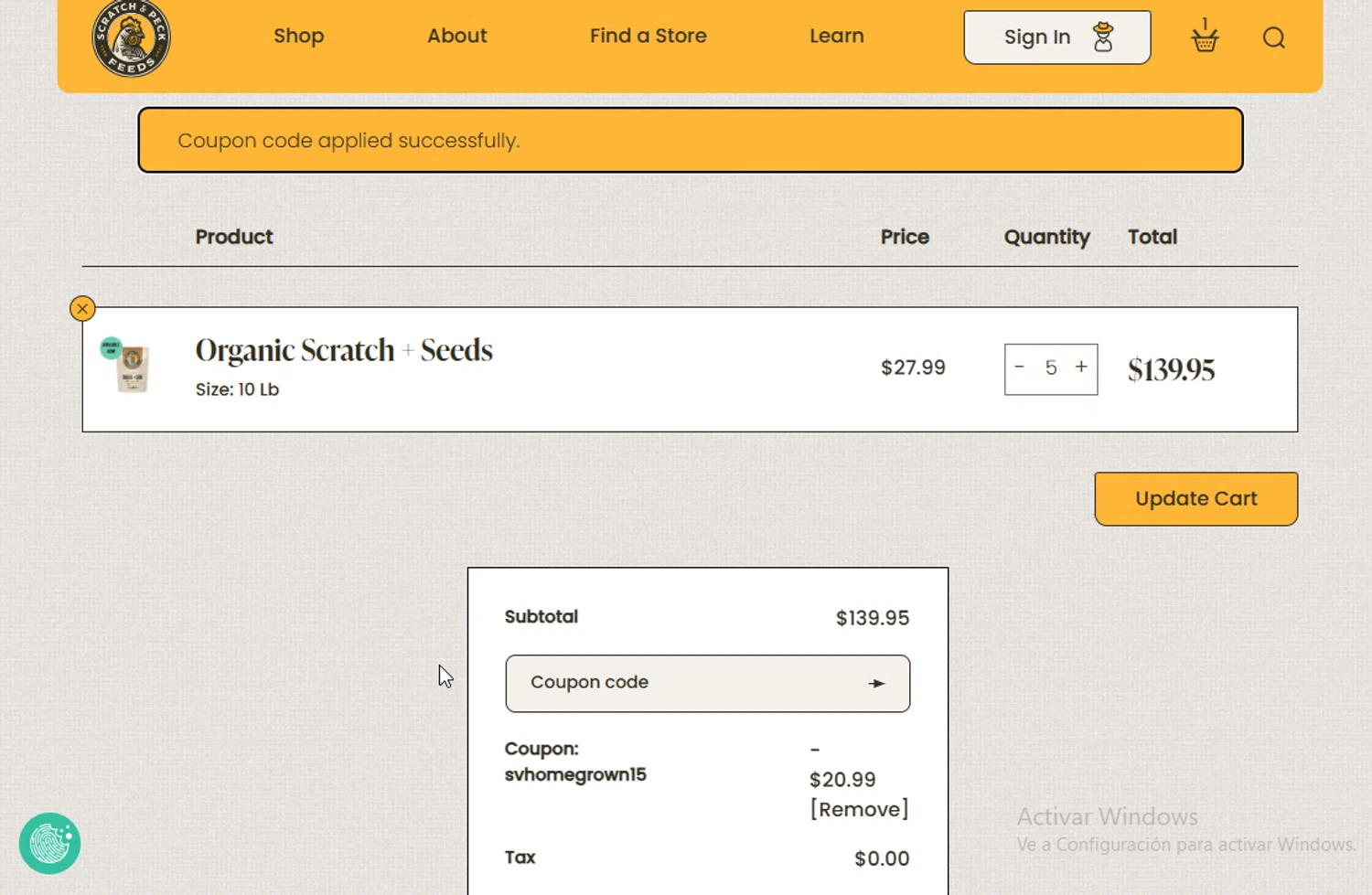 Scratch and Peck Feeds promo code screenshot showing code SVHOMEGROWN15 applied at Scratch and Peck Feeds checkout page. Uploaded by SimplyCodes community member VictoriousElite9587 on Oct 9, 2025
