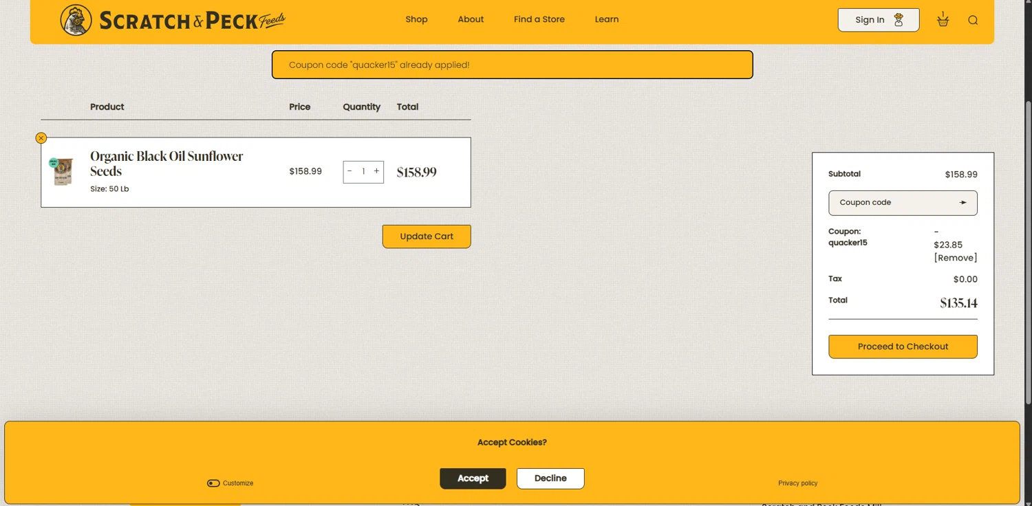 Scratch and Peck Feeds promo code screenshot showing code QUACKER15 applied at Scratch and Peck Feeds checkout page. Uploaded by SimplyCodes community member FortunateSeeker4672 on Oct 9, 2025