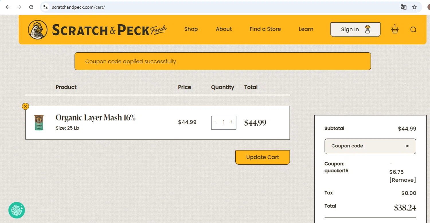 Scratch and Peck Feeds promo code screenshot showing code QUACKER15 applied at Scratch and Peck Feeds checkout page. Uploaded by SimplyCodes community member carol_lameda on Sep 10, 2025