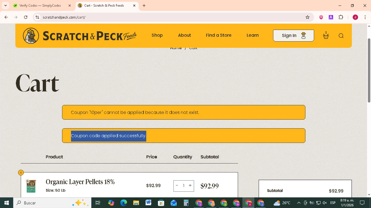 Scratch and Peck Feeds promo code screenshot showing code TANNERFARMSTEAD15 applied at Scratch and Peck Feeds checkout page. Uploaded by SimplyCodes community member FrugalMonarch7277 on Jan 1, 2026