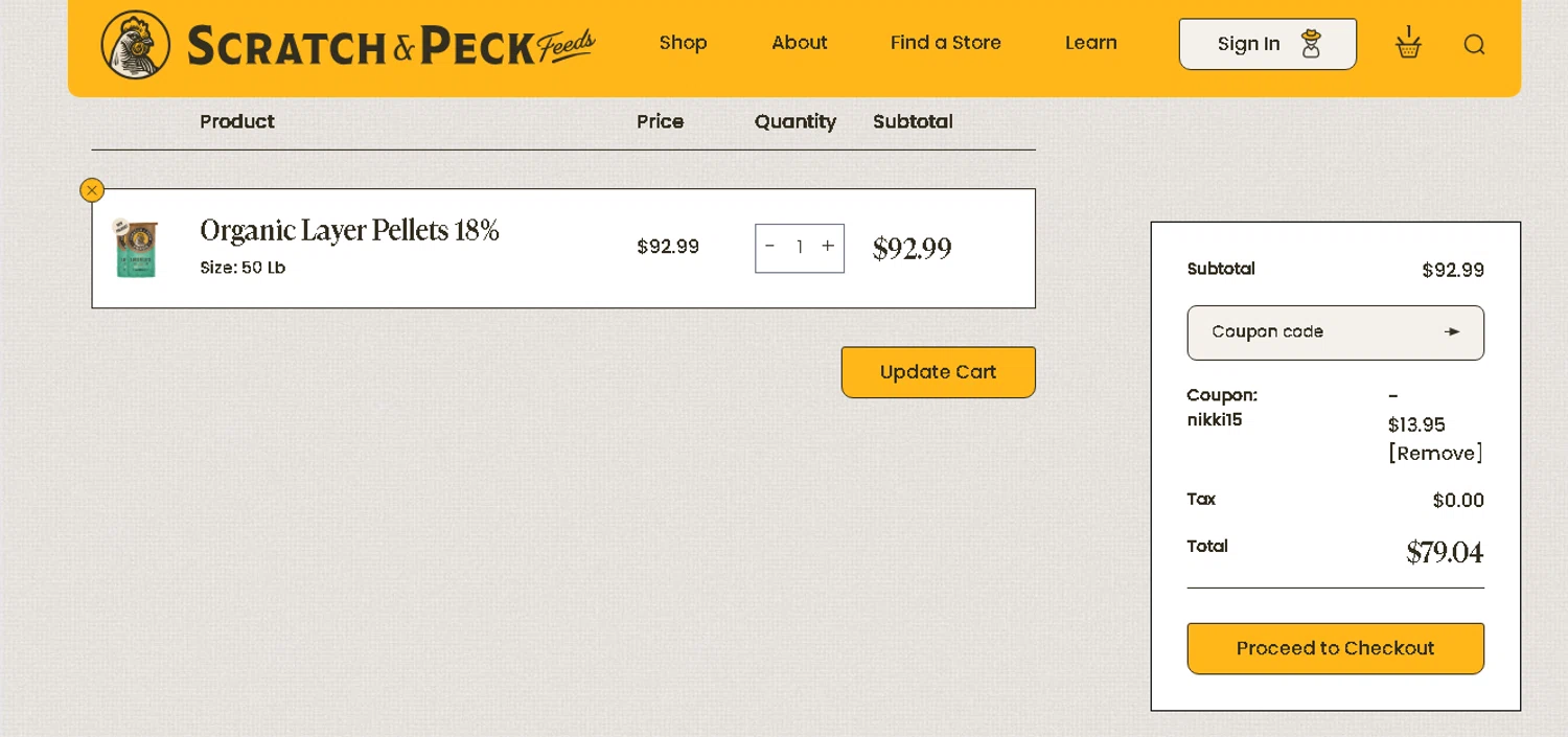 Scratch and Peck Feeds promo code screenshot showing code Nikki15 applied at Scratch and Peck Feeds checkout page. Uploaded by SimplyCodes community member shark12 on Dec 3, 2025