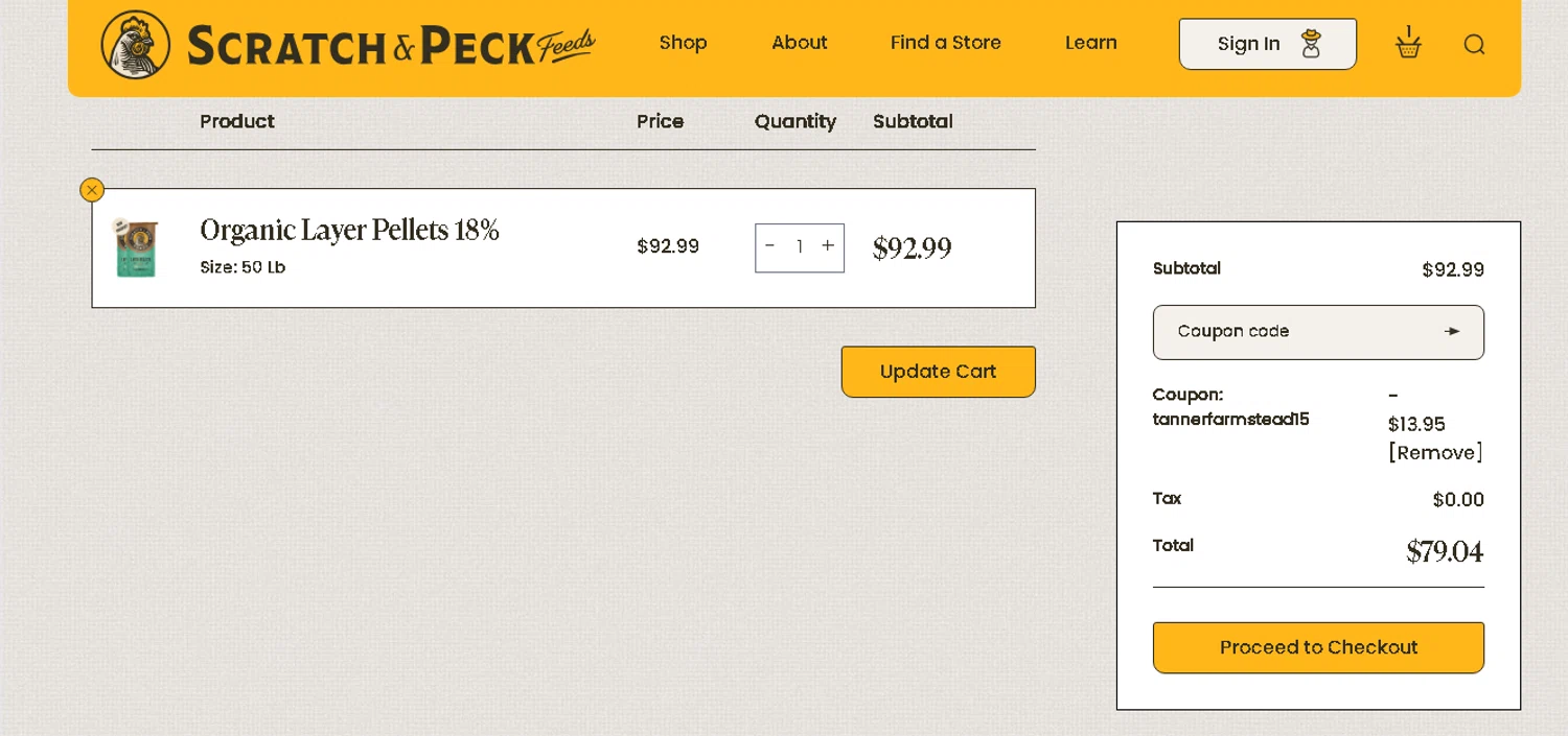 Scratch and Peck Feeds promo code screenshot showing code TANNERFARMSTEAD15 applied at Scratch and Peck Feeds checkout page. Uploaded by SimplyCodes community member shark12 on Dec 3, 2025